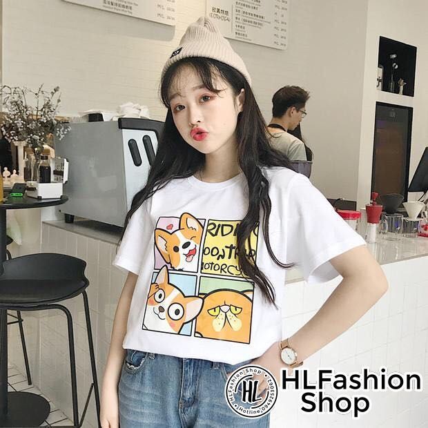 Áo thun tay lỡ form rộng cún con, áo phông form rộng size HLFashion