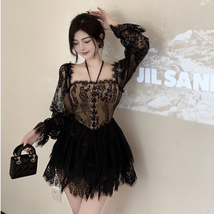 Đầm Chữ A Lưng Cao Cổ Yếm Cột Dây Thời Trang Hàn Quốc Gợi Cảm Cho Nữ