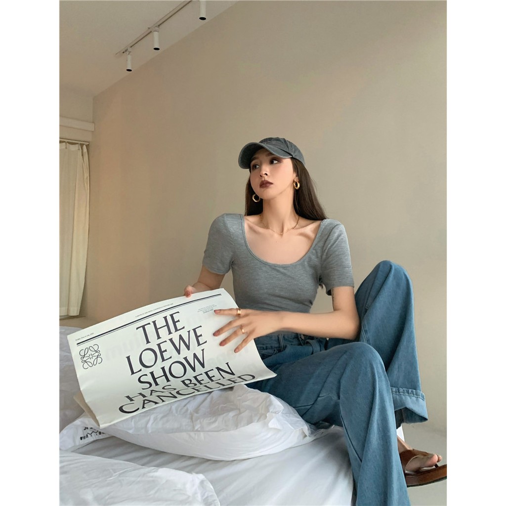 Cocory vn Áo thun tay ngắn thiết kế hở lưng gợi cảm