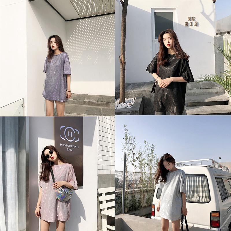 Áo thun dáng rộng thiết kế màu lấp lánh thời trang Hàn Quốc cho nữ