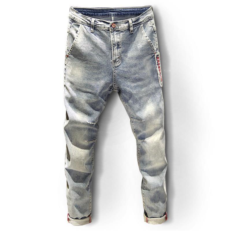 Quần jean dài giặt kỹ in logo co giãn màu sáng thời trang cá tính nổi bật cho nam