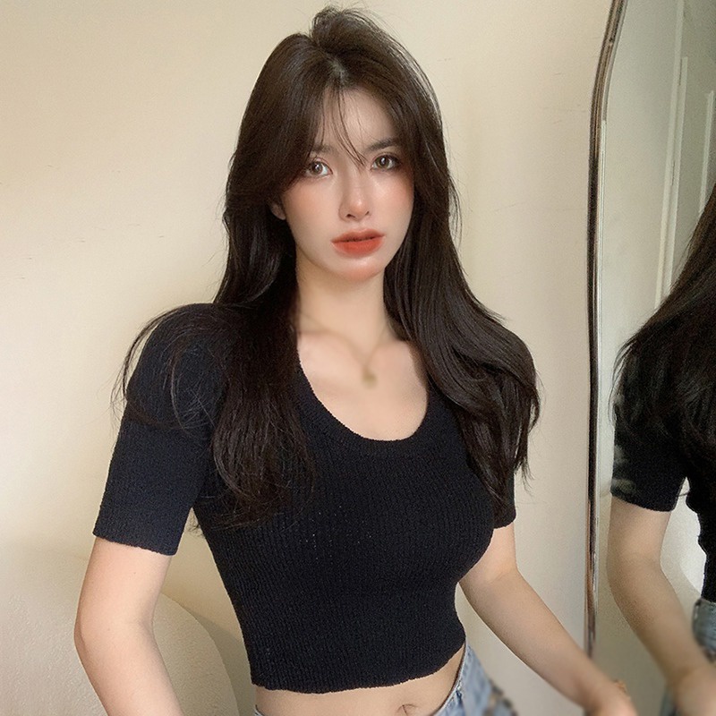 Áo Thun Dệt Kim Tay Ngắn Cổ Tròn Màu Sắc Trơn Phong Cách Hàn Quốc Dành Cho Nữ