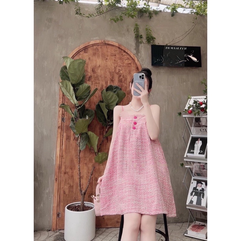 Đầm dạ suông 2 dây phối nút