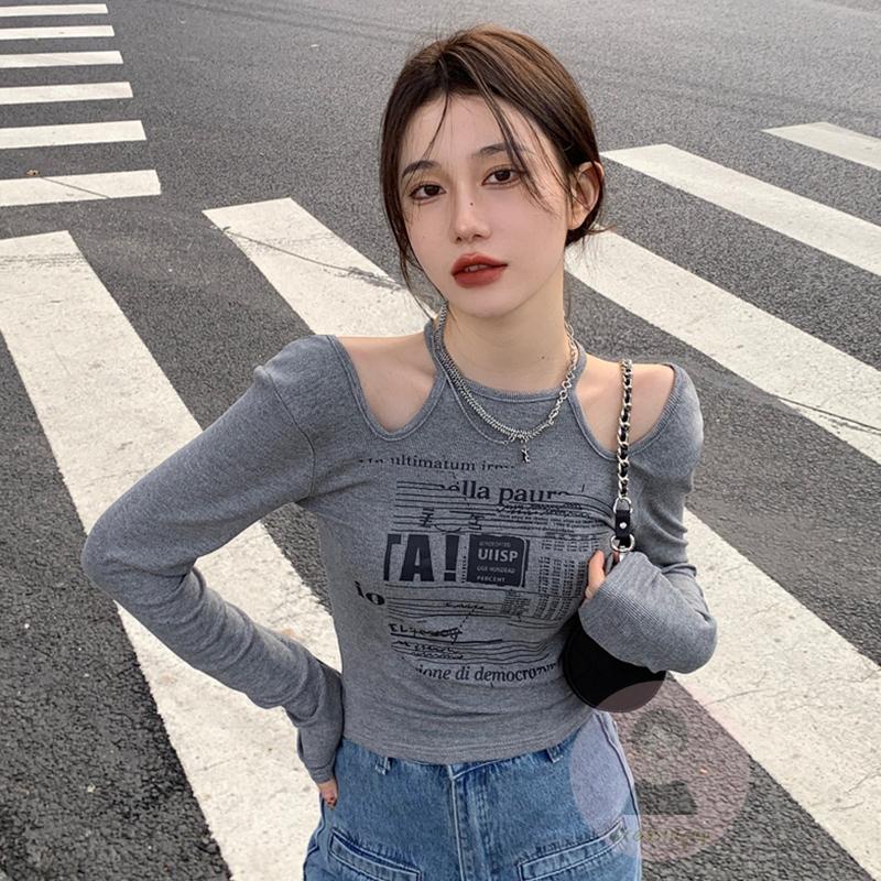 Áo Thun Tay Dài Hở Vai In Chữ Thời Trang Dành Cho Nữ