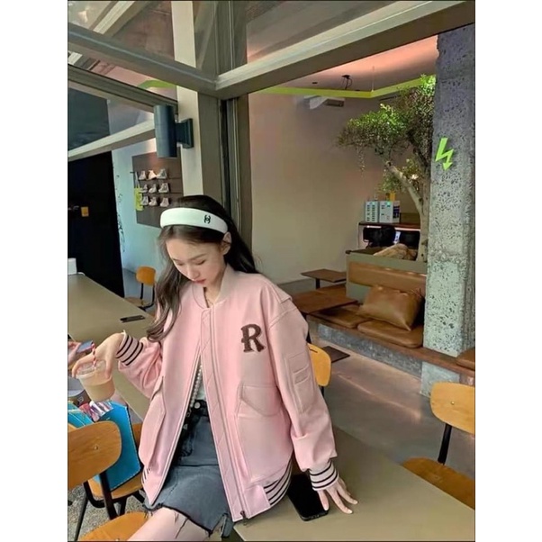 Áo bomber da hồng dáng oversize thiết kế bo chun tay và gấu áo hàng quảng châu