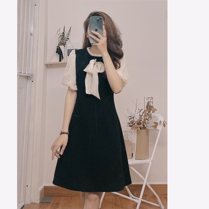 váy thiết kế công sở dự tiệc tay bồng ngắn đính nơ | BigBuy360 - bigbuy360.vn