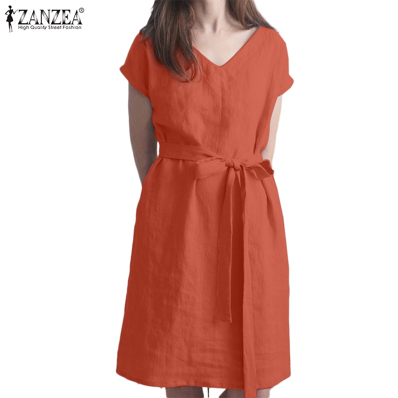 Zanzea Đầm Midi Tay Ngắn Cổ Chữ V Màu Trơn Phong Cách Châu Âu Thời Trang Cho Nữ