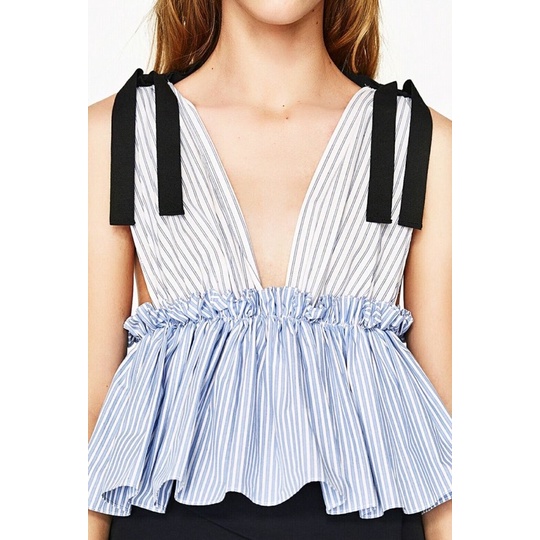 Áo Sọc Peplum Nơ Vai Nhún Eo FOREVER 21 Cổ V Hàng Xuất Dư Xịn Cao Cấp Full Tag Ver04