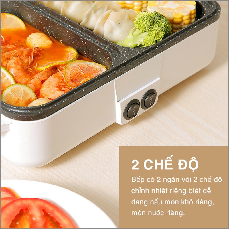 Bếp điện lẩu nướng đa năng 2 ngăn mini siêu chống dính - Nồi Lẩu Kiêm Nướng 🥘 2in1 Mini Hàn Quốc🥘