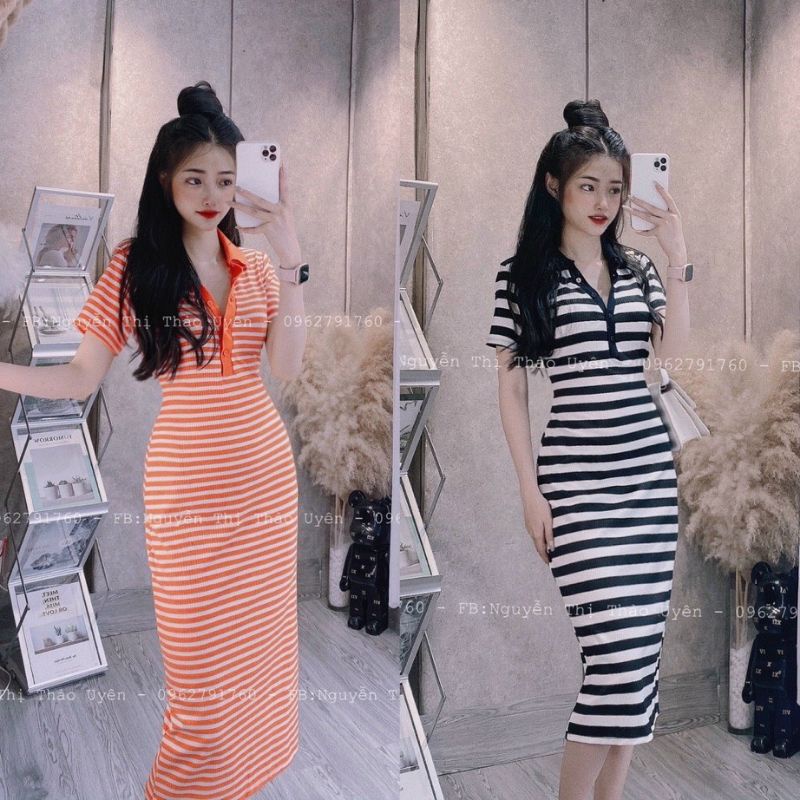 Đầm Thun Cổ Trụ Polo V Gài Nút - Tay Ngắn Dáng Dài Maxi Form Ôm Body Sexy - Kẻ Sọc Ngang Màu Sắc Cute
