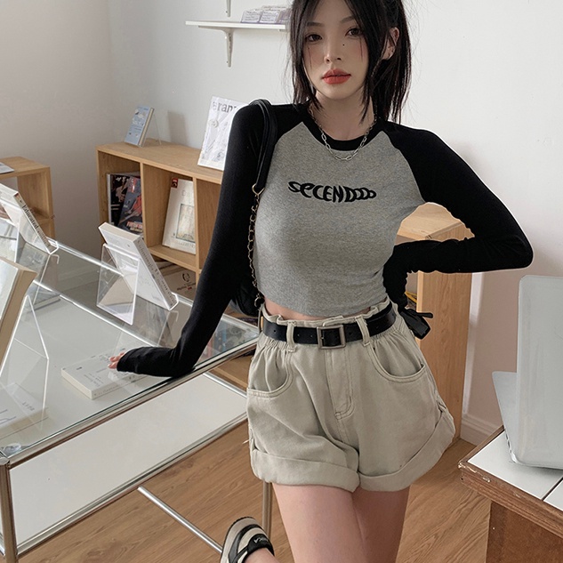 SUXI Áo Thun Tay Dài Cổ Tròn In Chữ Màu Khối Ôm Dáng Phong Cách Vintage Dễ Phối Đồ