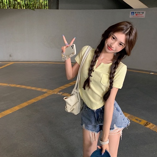 【ZHELIHANGFEI】Áo Len Tay Ngắn Cổ Chữ V Lưng Cao Thời Trang Cho Nữ