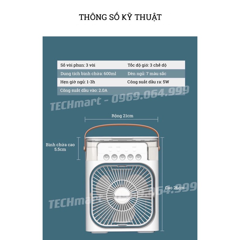 QUẠT PHUN SƯƠNG AIR COOLER FAN VỚI 5 VÒI PHUN + BÌNH CHƯA 600ml, ĐÈN NGỦ 7 MÀU VÀ 3 CHẾ ĐỘ HẸN GIỜ TẮT