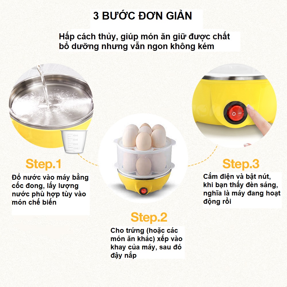 Nồi hấp trứng mini 2 tầng đa chức năng, dùng hấp trứng, bánh bao, rau củ, hải sản