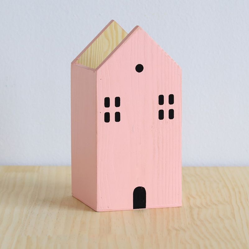 love* House Shape Wooden Pencil Pen Holder Desktop Organizer Container Stationery Pot