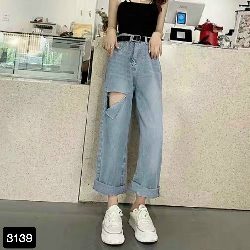 [Mã FAMARAL2 giảm 10K đơn 50K] [Có size đại] Quần jean ống rộng mã 3139 rách đùi nhạt