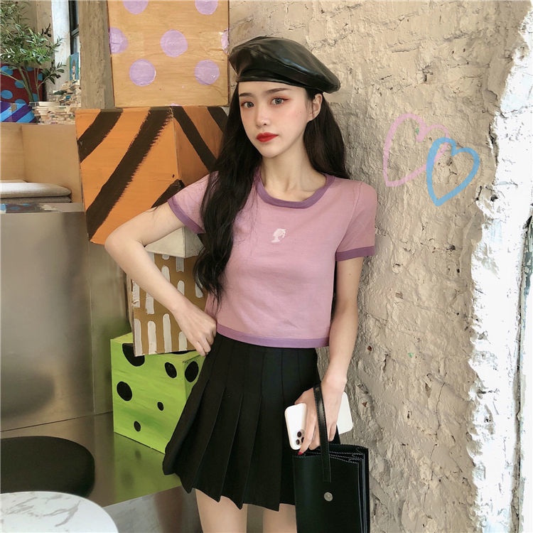 Áo Thun Lụa Lạnh Tay Ngắn Dáng Rộng Màu Sắc Tương Phản Thời Trang Mùa Hè Dành Cho Nữ