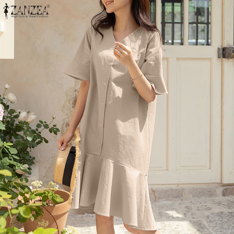 Đầm mini Zanzea tay ngắn cổ chữ V dáng rộng hợp thời trang cho nữ