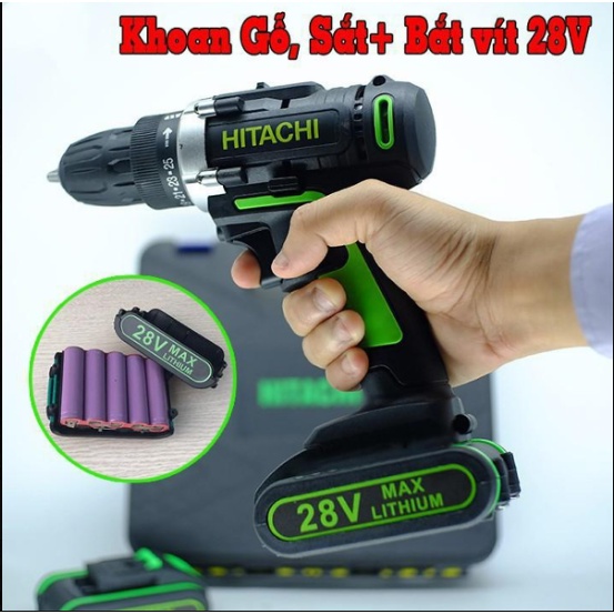 [ĐA NĂNG] Máy Khoan Pin Hitachi Xanh 28V - Bắt Vít Cầm Tay HTC Xanh - 100% Lõi Đồng - Khoan sắt, gỗ đa năng