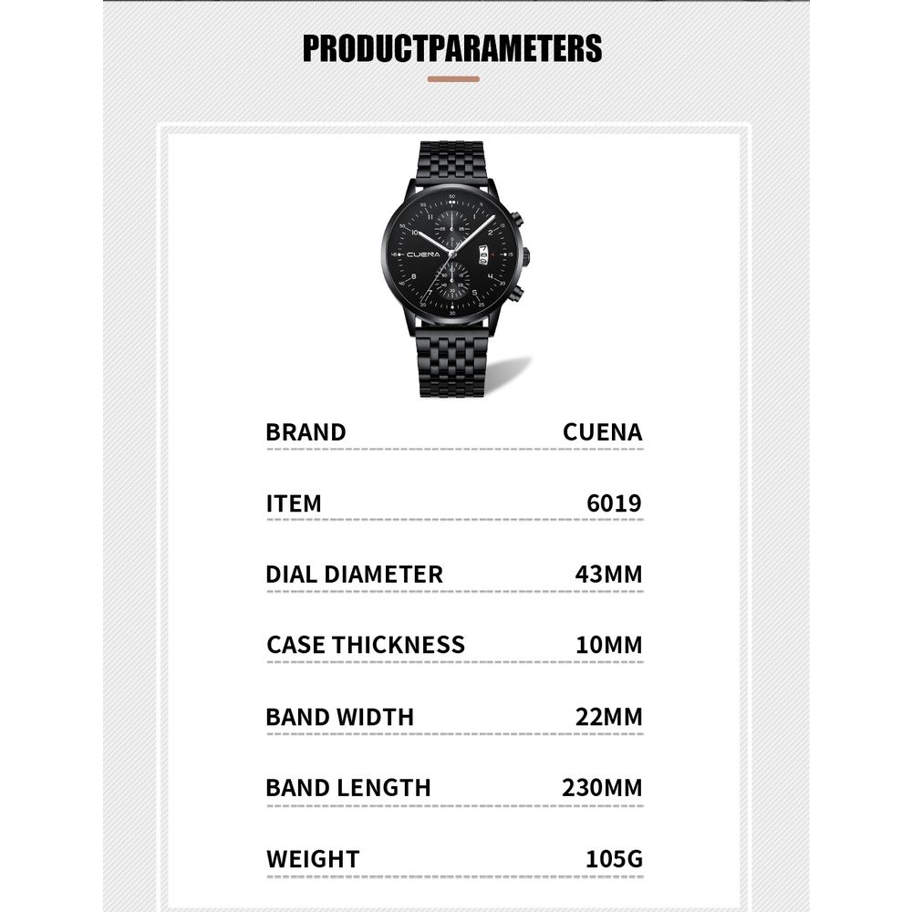 Đồng hồ nam CUENA Thương hiệu hàng đầu Thép không gỉ gốc thạch anh chống thấm nước 6019