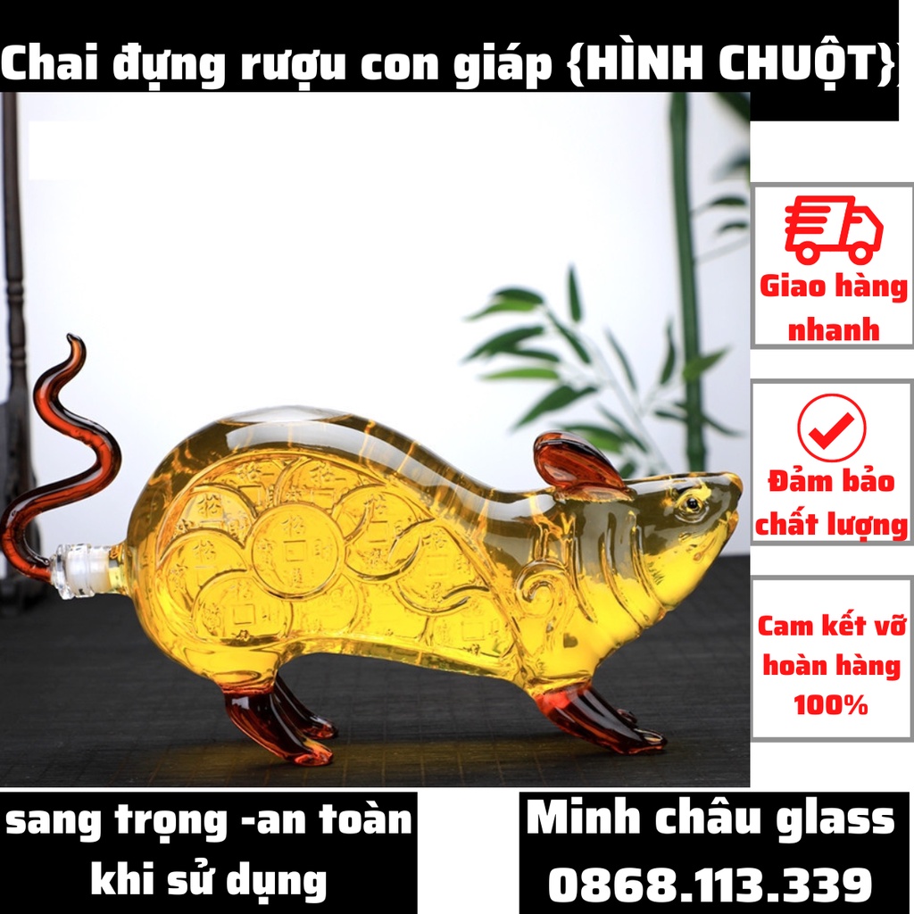 Bình Đựng Rượu 12 Con Giáp 1000ML cao cấp mẫu con Chuột (Tý) Vỏ Chai Rượu Thủy Tinh 1 làm quà tặng ý nghĩa sang trọng