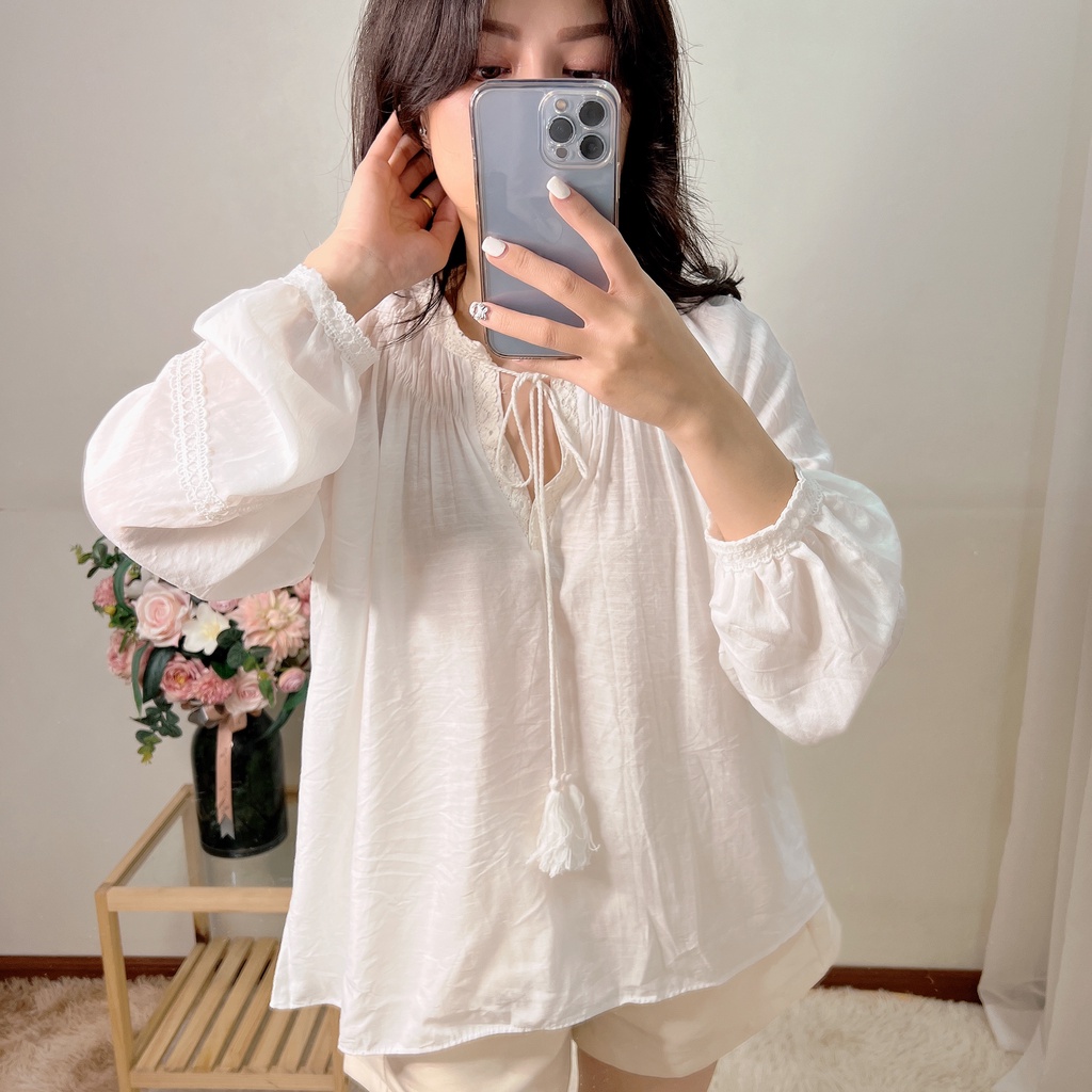 Áo sơ mi nữ babydoll tay bồng cổ rút dây Ulzzang hàng qc