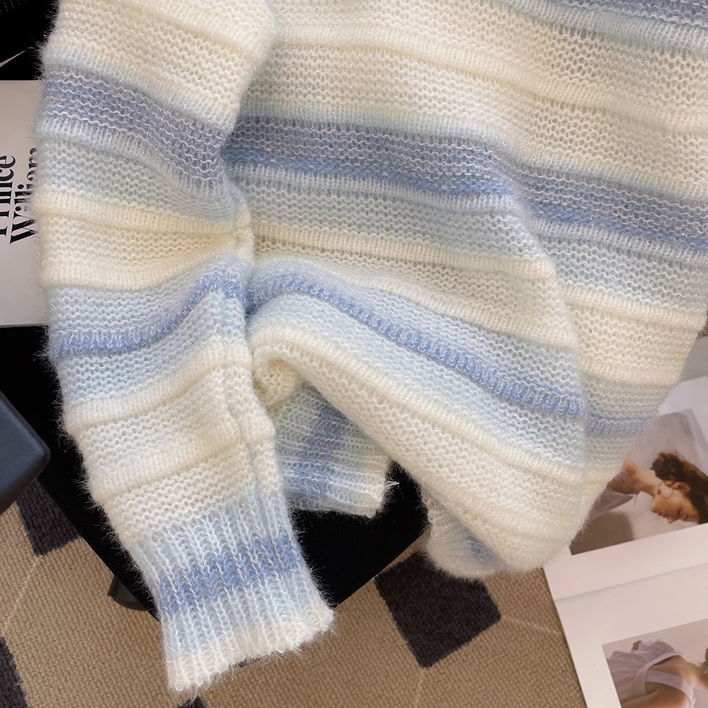 Cuộn Len Sáp Mềm Mại Họa Tiết Kẻ Sọc Màu Xanh Dương Dành Cho Nữ