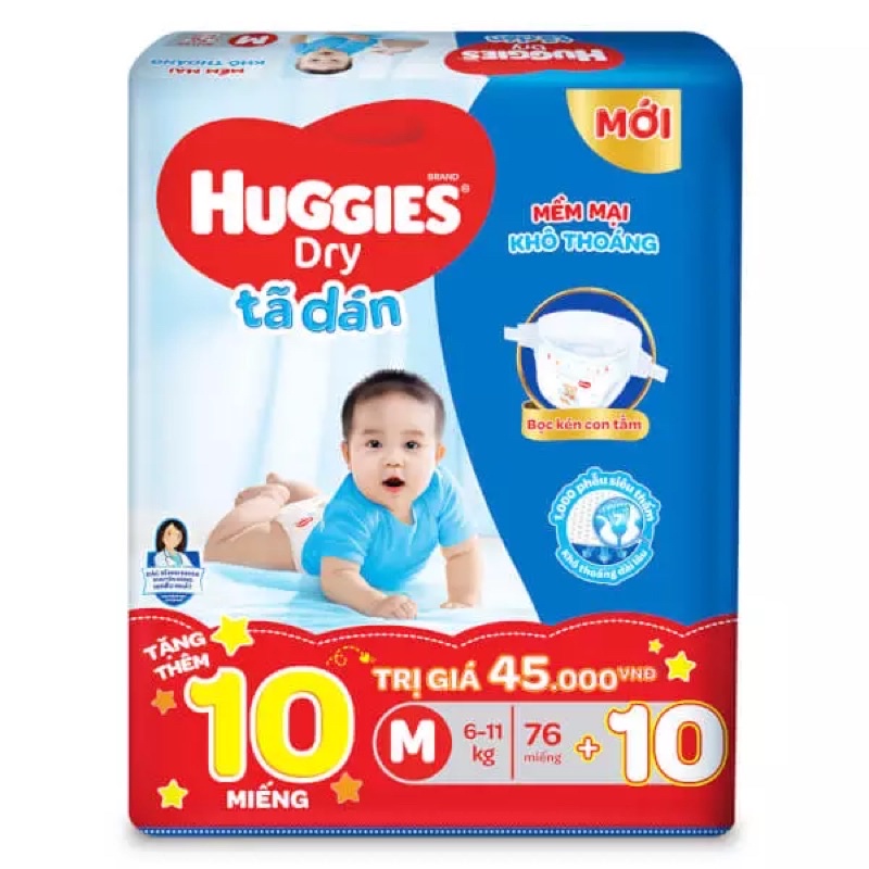 ( Tặng 10 Miếng ) Tã Dán Huggies Dry Size M - 76 Miếng