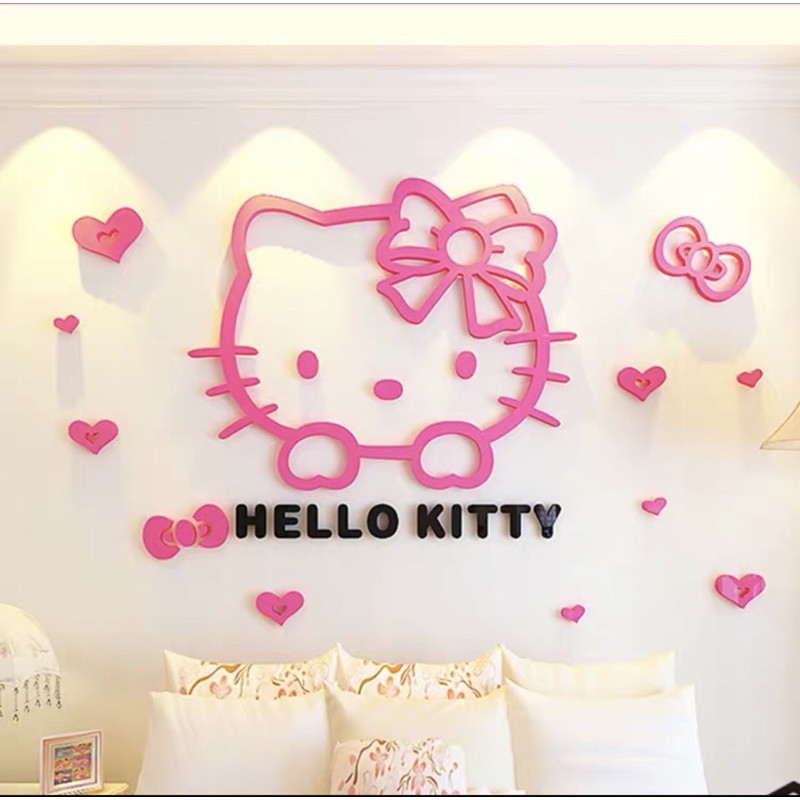 Tranh dán tường mica 3D kitty, hello kity trang trí phòng bé gái, trang trí phòng ngủ cực xinh, decal mica mèo hồng kity