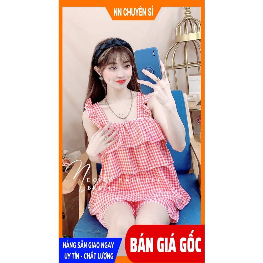 Đồ bộ nữ mặc nhà chất kate mềm mát in họa tiết caro nhí dễ thương BKT245