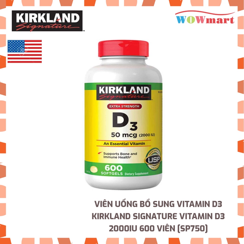 Viên uống bổ sung Vitamin D3 Kirkland Signature Vitamin D3 2000IU 600 viên