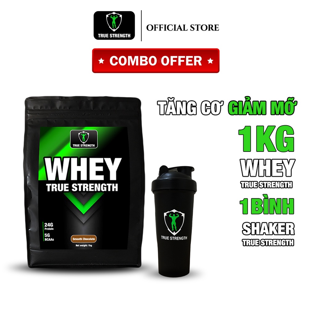 Combo Whey True Strength Tăng Cơ Giảm Mỡ Loại 1kg kèm Bình Lắc