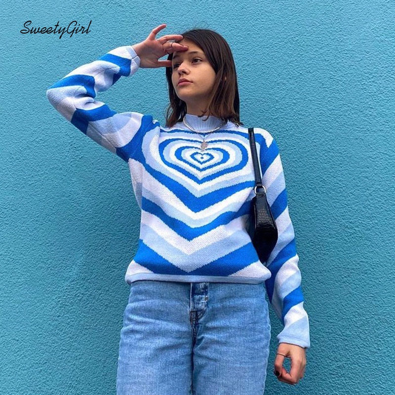 Áo Sweater Dệt Kim Tay Dài Cổ Tròn Màu Sắc Tương Phản In Họa Tiết Trái Tim Xinh Xắn Cho Nữ