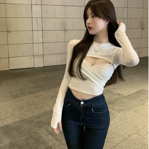 Cocory vn Áo croptop tay dài cổ tròn kiểu dáng đan chéo ngực phong cách gợi cảm cho nữ