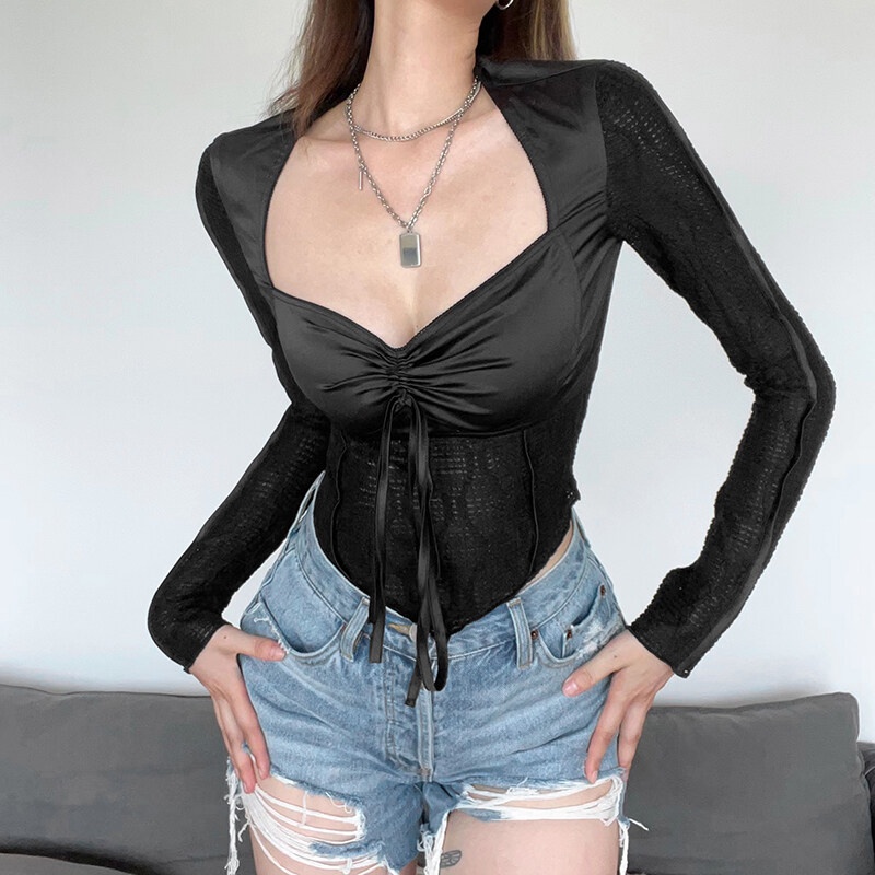 Kliou Áo Crop Top Tay Dài Cổ Chữ V Thời Trang Châu Âu Gợi Cảm Cho Nữ