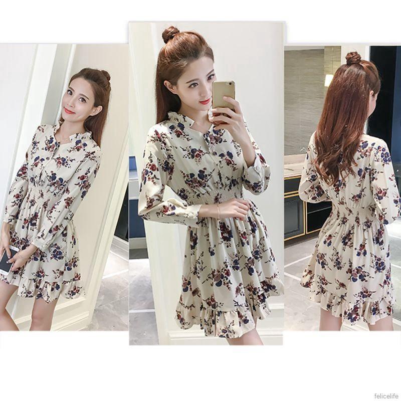 FREESHIP ĐƠN 99K_ Đầm tay dài hoạ tiết hoa thiết kế cổ chữ V nữ tính