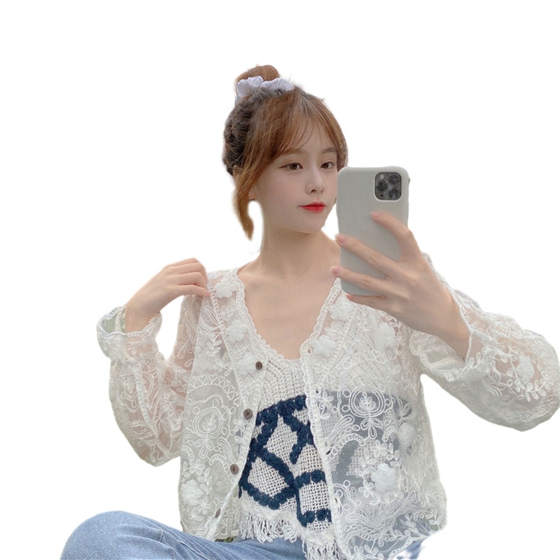 Áo Khoác Cardigan Chống Nắng Tay Dài Dáng Rộng Thêu Hoa Phối Ren Lỗ Cài Nút Thời Trang Cho Nữ