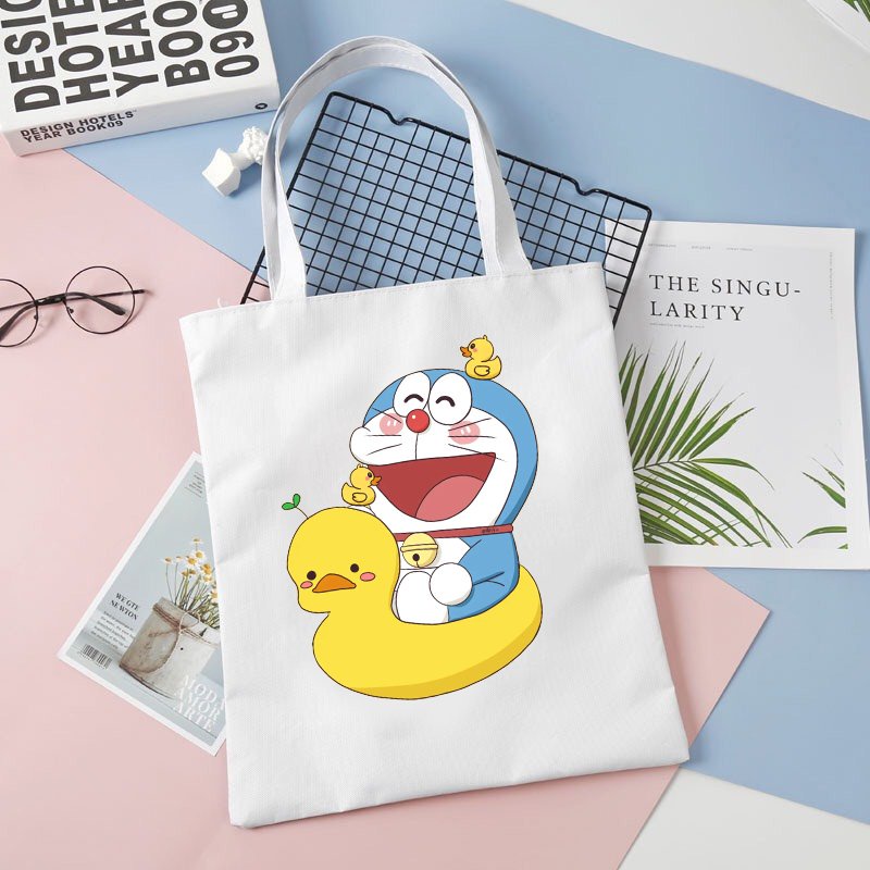 Túi tote vải trắng đeo vai DORAEMON CUTE MÈO MÁY THÔNG MINH phong cách in hình anime chibi dễ thương thời trang