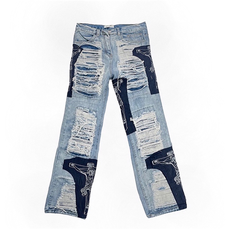 Quần Jeans ông rộng rách lưa tưa phối hoa tiết vá phong cách đường phố, Quần Jeans hiphop oversize Streetwear