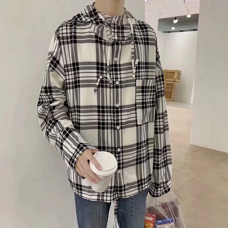 Áo Sơ Mi Hoodie Kẻ Ca-Rô Trẻ Trung Năng Động Phong Cách Hàn Quốc Cho Nam