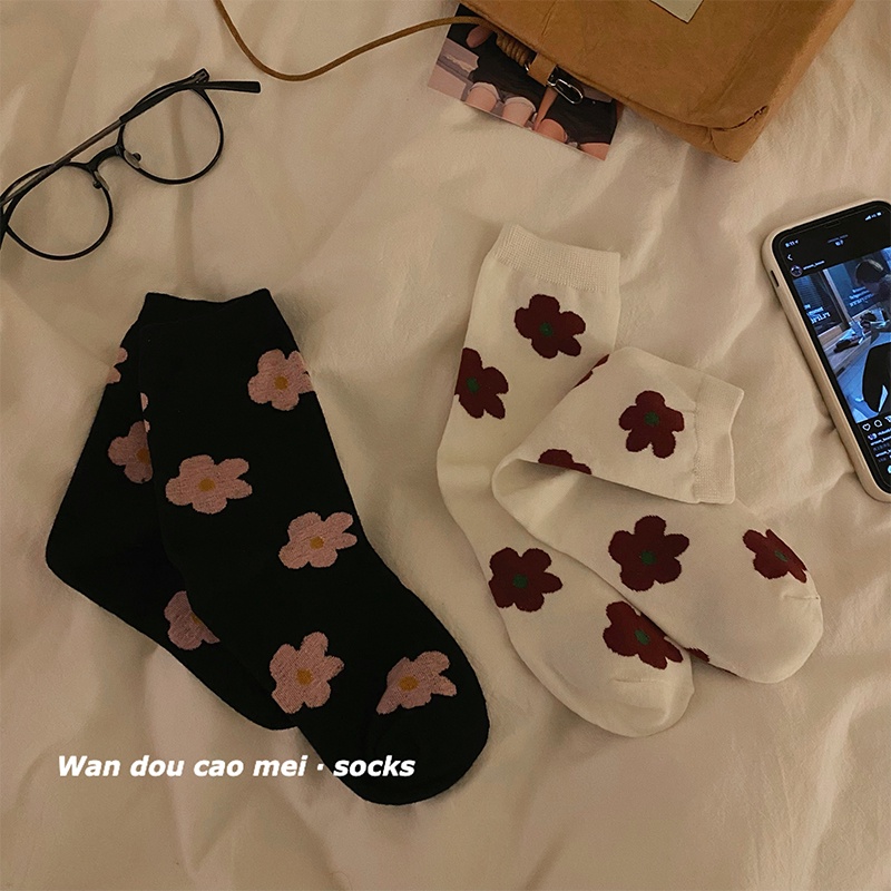 Vớ Cotton Cổ Cao Họa Tiết Bông Hoa Phong Cách Hàn Quốc Thời Trang Xuân Thu Cho Nữ