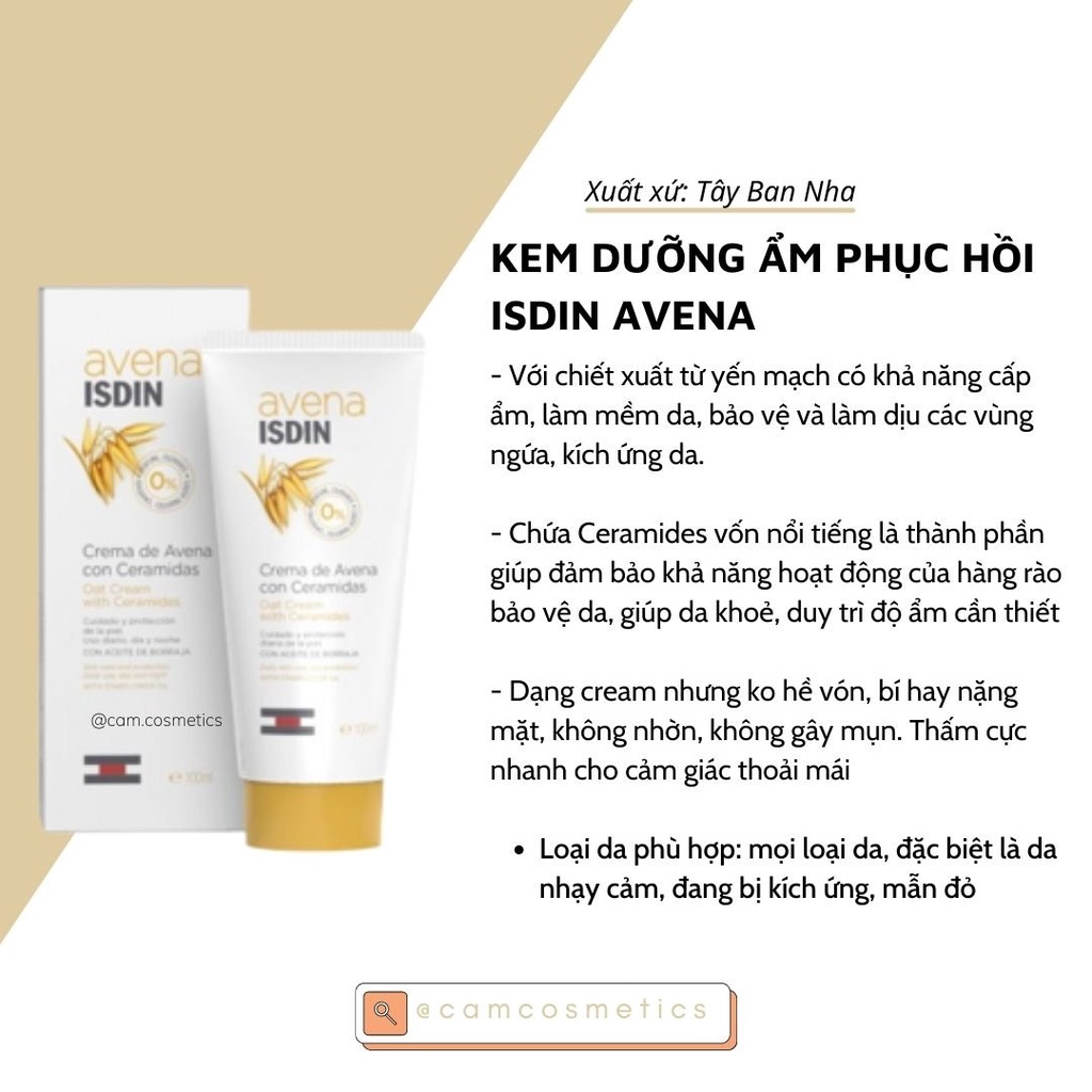 Kem dưỡng ẩm, phục hồi da Avena Isdin Oatmeal Cream with Ceramides 100ml