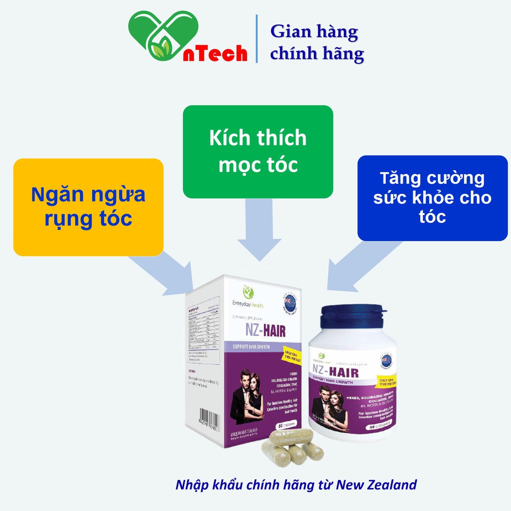 Viên uống ngăn rụng tóc kích thích mọc tóc dưỡng tóc phục hồi tóc hư tổn Everyday Health NZ - Hair hộp 60 viên