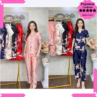 Bộ Pijama Lụa - Bộ Lụa Tay Cộc - Quần Dài Họa Tiết Con Hạc Chất Lụa Satin [ẢNH CHỤP THẬT]