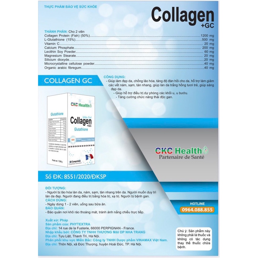 Collagen GC I Hàng chính hãng PhápI Làm đẹp da từ bên trong, trắng da giảm sạm nám, chống lão hóa da.Lọ 60v.thuochieuqua
