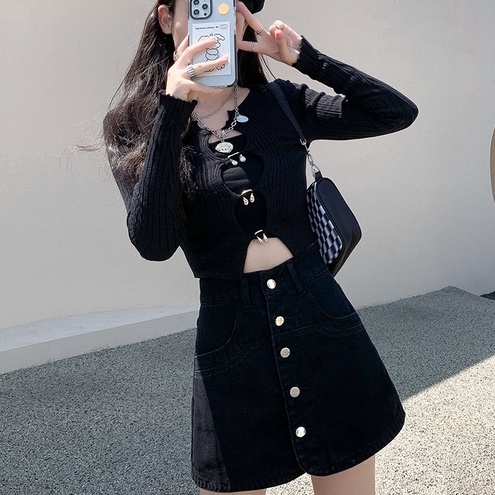 Chân váy denim ZHELIHANGFEI lưng cao dáng ôm dễ phối đồ