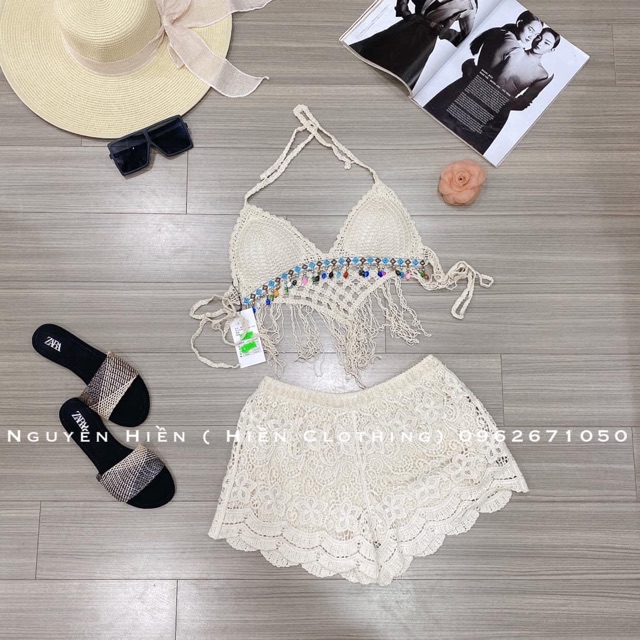 Set biển sexy mới - set 3 món - bra tam giác rua ngọc + quần hoa cạp nhỏ + choàng ren hoa nhỏ (có tách rời)