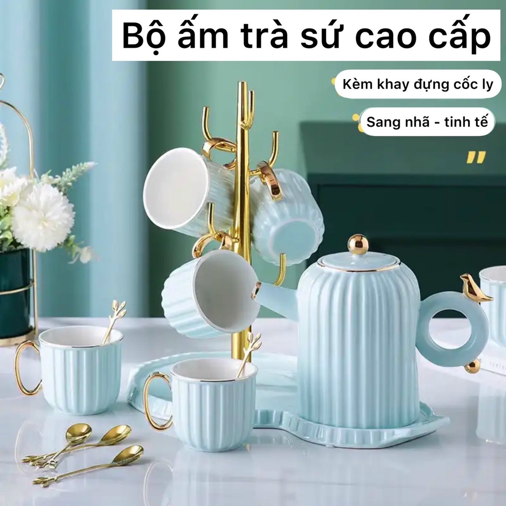 Bộ Ấm Trà Sứ viền vàng decor cao cấp Phong Cách Quý Tộc Bắc Âu màu xanh trắng xám kèm khay đựng treo úp cốc chén ly