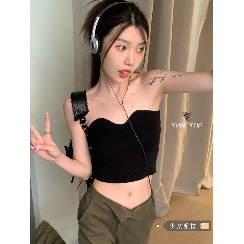 Huang Yoyo Áo Croptop Không Dây Dệt Kim Phong Cách Hàn Quốc Quyến Rũ Áo Kiểu