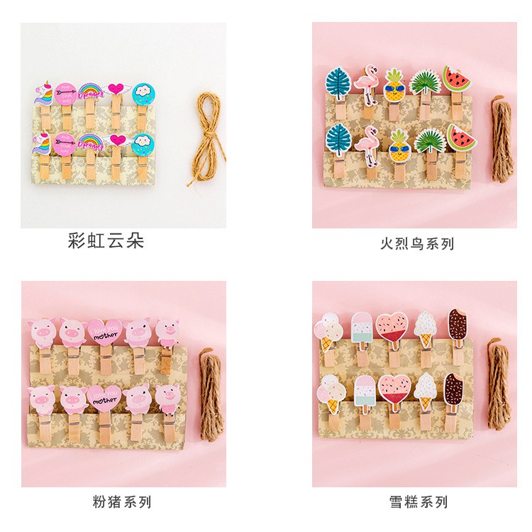 [LOẠI 1]1 Set 10 cái kẹp gỗ trang trí design decor ( kèm sẵn dây cói ) - nhiều mẫu ngựa,hạc,dứa,hoa quả,kem...